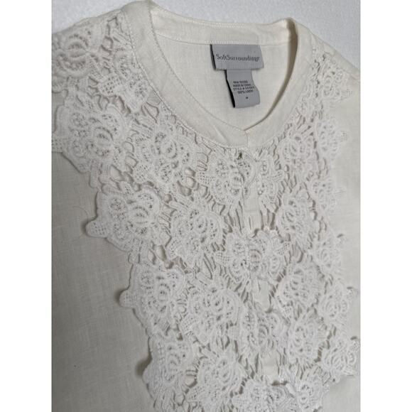 Soft Surroundings White Linen crochet Front Blouse Button Down pleated sleeves M - Picture 6 of 14
